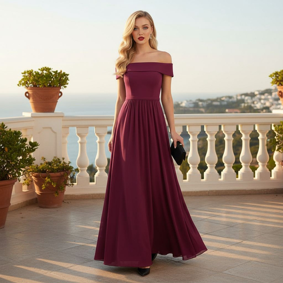 Adrianna Papell Dresses & Skirts - Adrianna Papell 14 Cassis Crepe Chiffon Gown Off the Shoulder Maxi Dress